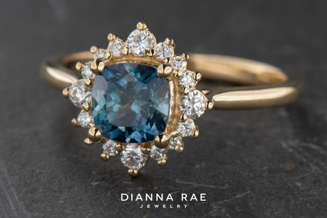 14k Yellow Gold Montana Sapphire Diamond Cluster Ring - Image 4