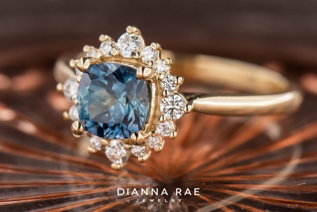 14k Yellow Gold Montana Sapphire Diamond Cluster Ring - Image 3