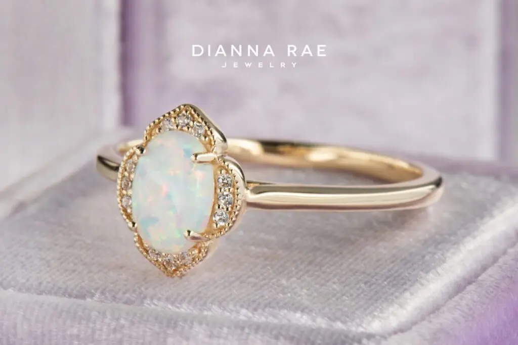 Yellow Gold Oval Imitation Opal and Lab-Grown Diamond Floral Halo Ring