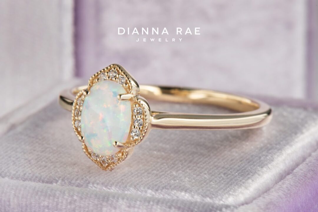 Yellow Gold Oval Imitation Opal and Lab-Grown Diamond Floral Halo Ring - Image 9