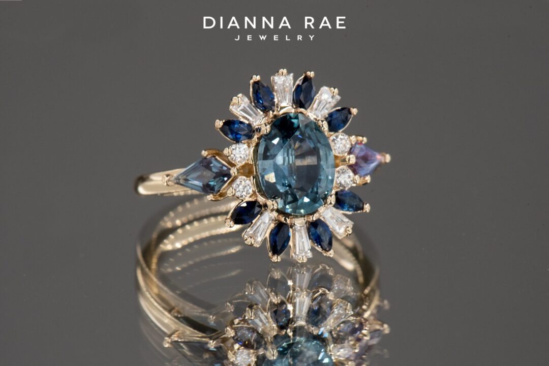 14k Yellow Gold Teal Sapphire and Gemstone Ballerina Style Ring - Image 3