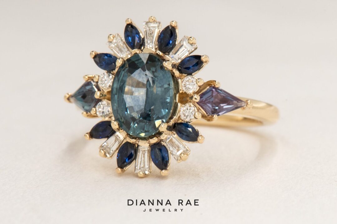 14k Yellow Gold Teal Sapphire and Gemstone Ballerina Style Ring - Image 4