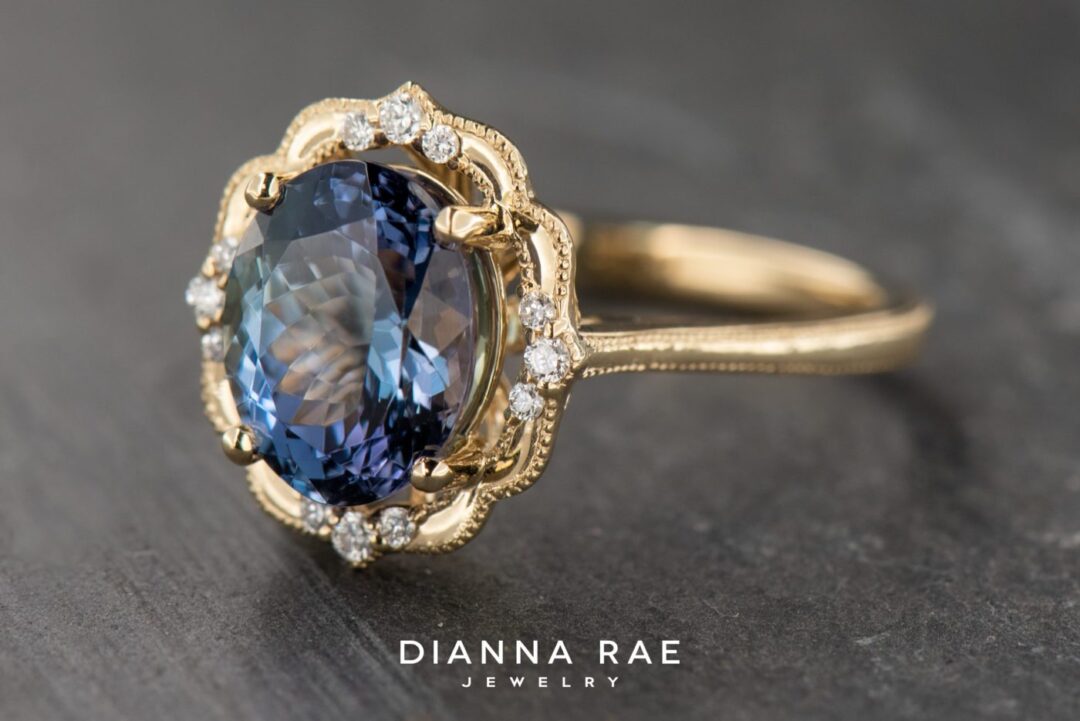 14k Yellow Gold Peacock Tanzanite Daisy Blossom Ring - Image 4