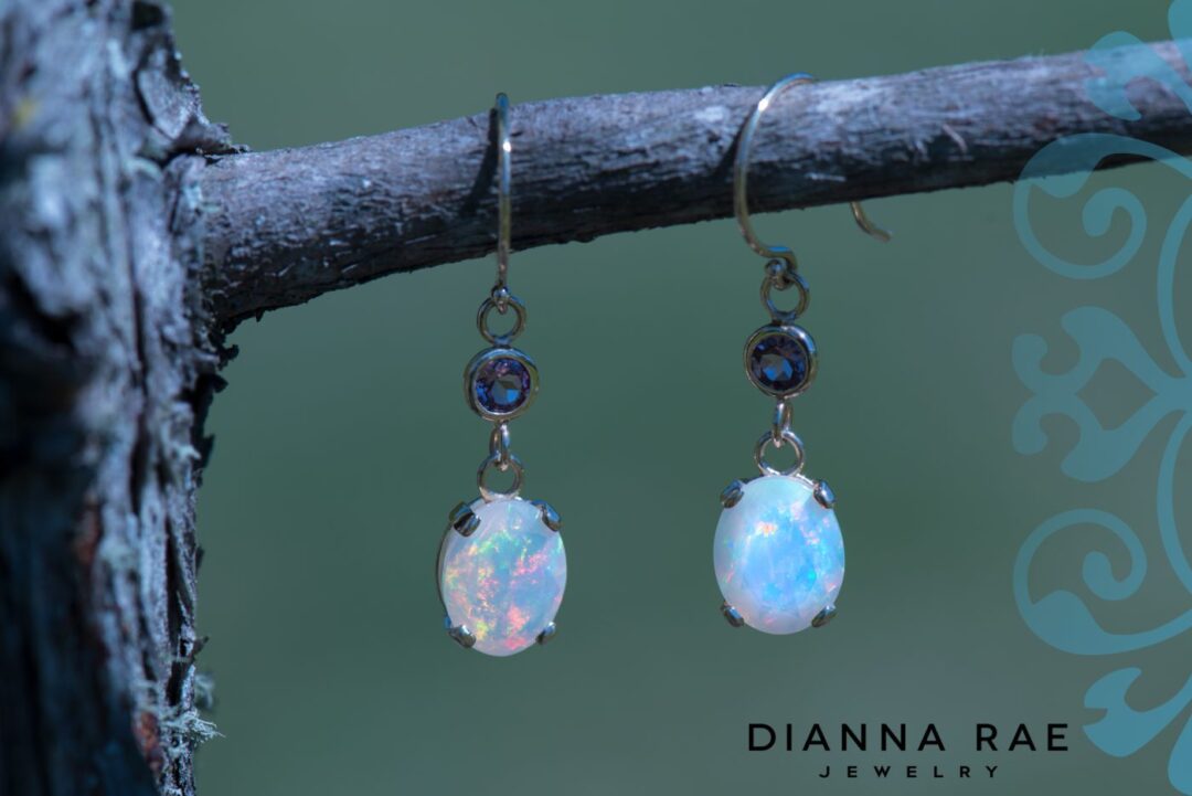 Yellow Gold Faceted White Opal and Garnet Earrings
