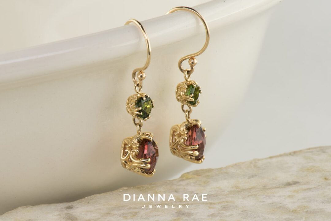 Yellow Gold Red and Green Tourmaline Dangle Earrings