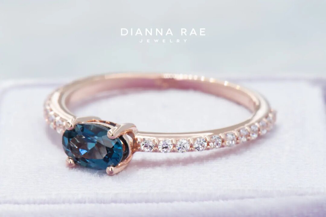 10K Rose Gold Oval London Blue Topaz and Lab Grown Diamond Ring - Image 2