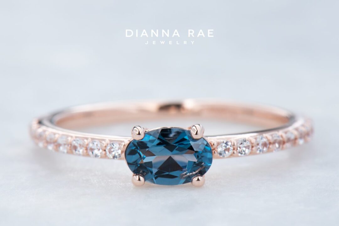 Rose Gold Oval London Blue Topaz and Lab-Grown Diamond Stackable Ring - Image 3