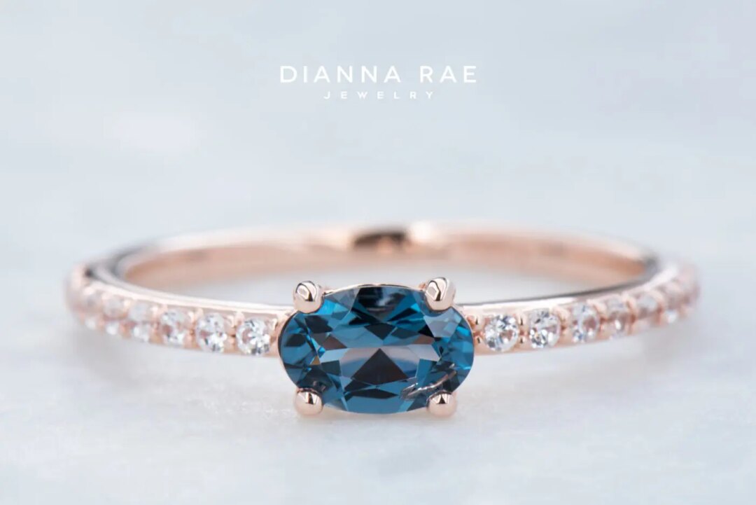 10K Rose Gold Oval London Blue Topaz and Lab Grown Diamond Ring - Image 3