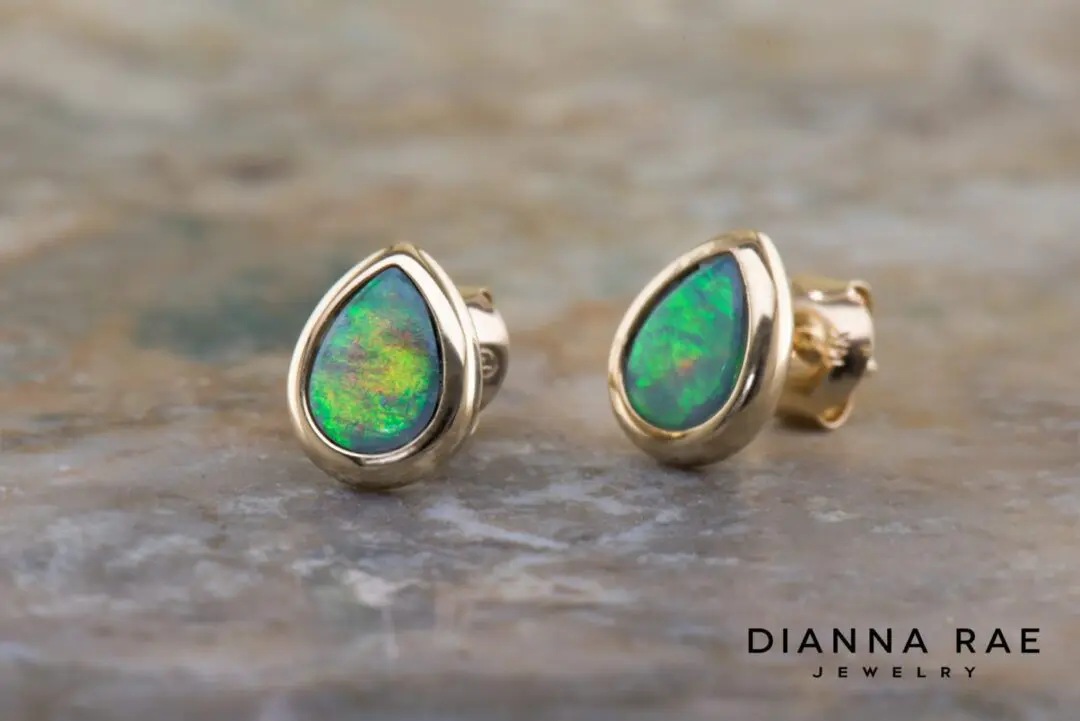 Yellow Gold Pear Black Opal Doublet Earrings