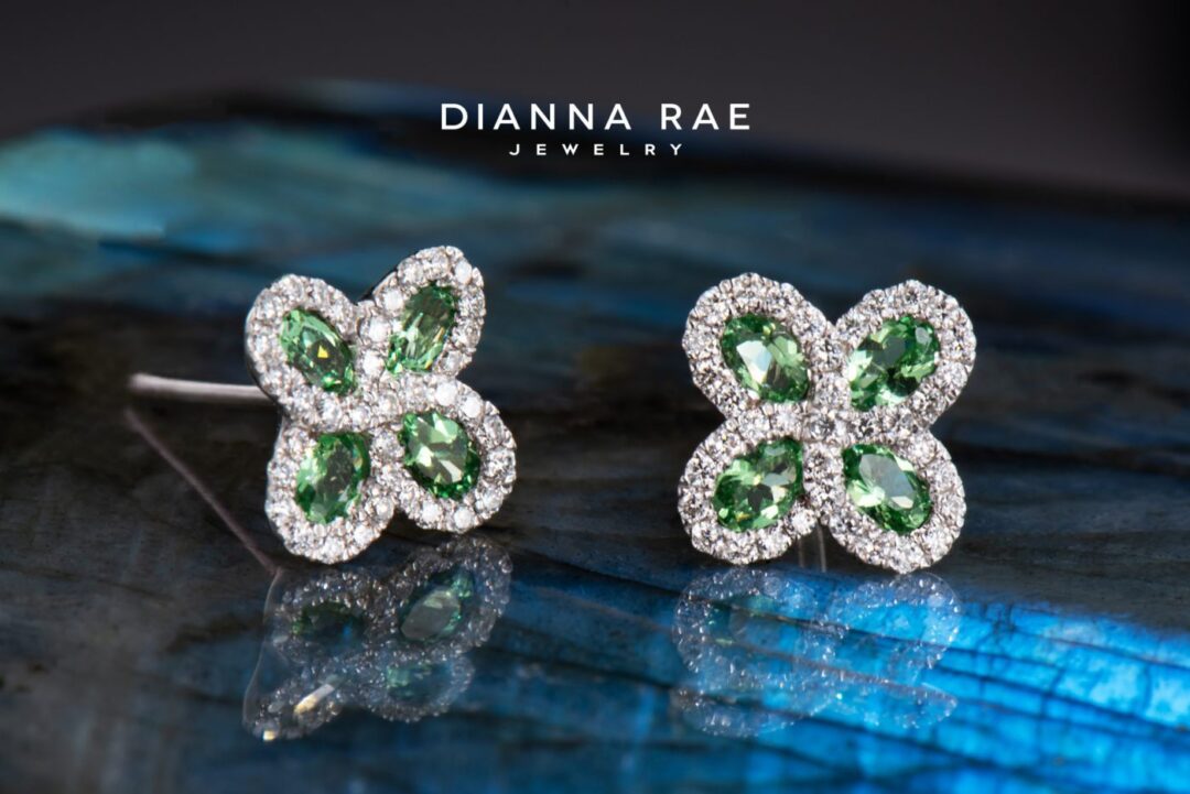 Tsavorite Garnet and Diamond Clover Stud Earrings - Image 2