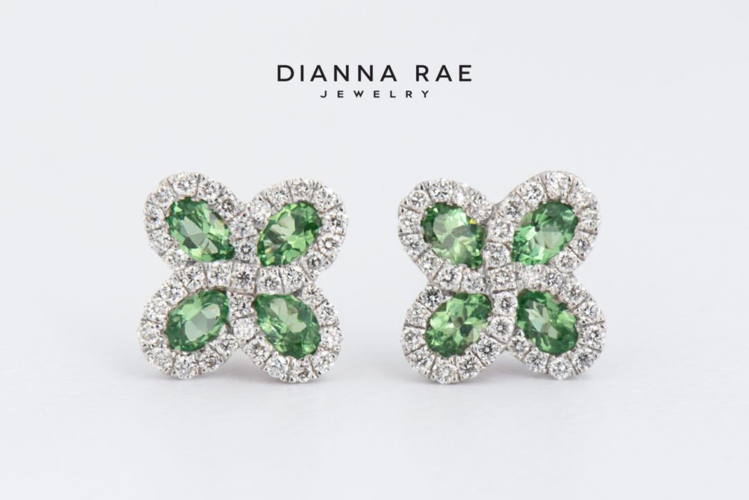 Tsavorite Garnet and Diamond Clover Stud Earrings