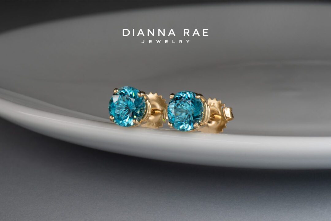 Yellow Gold Blue Zircon Stud Earrings - Image 2