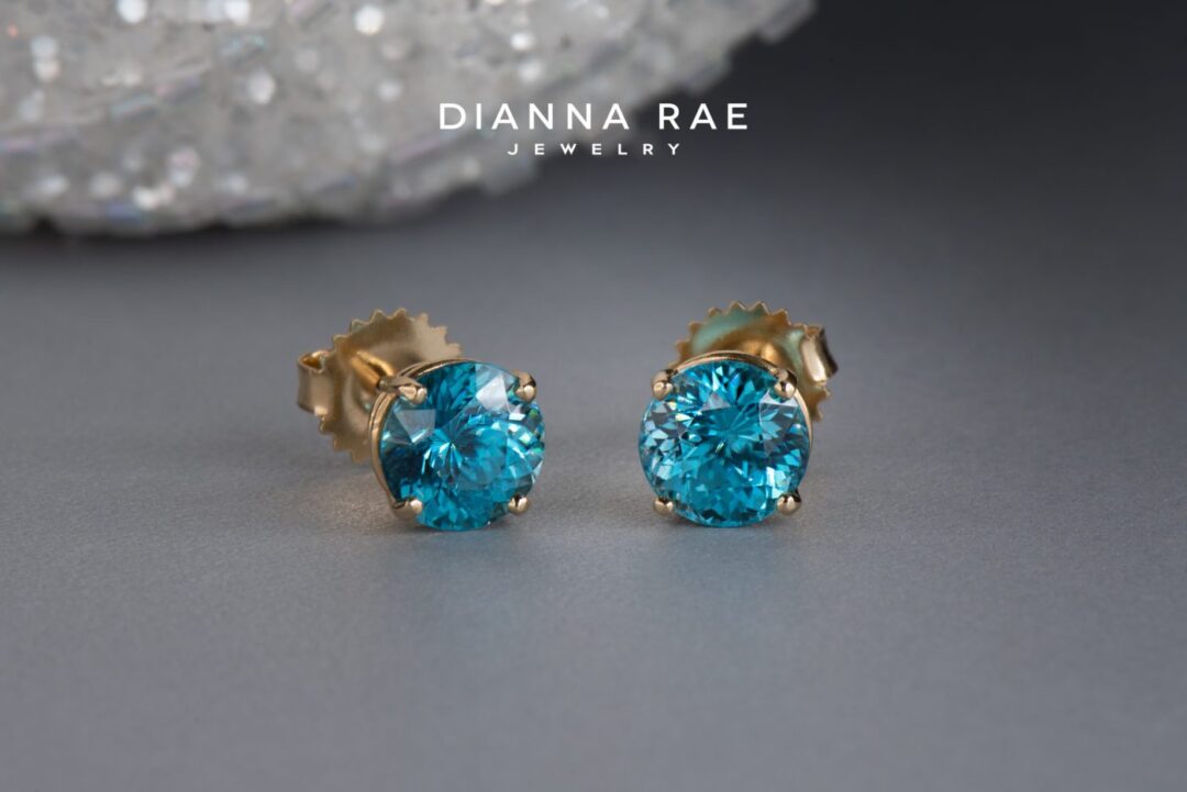 Yellow Gold Blue Zircon Stud Earrings