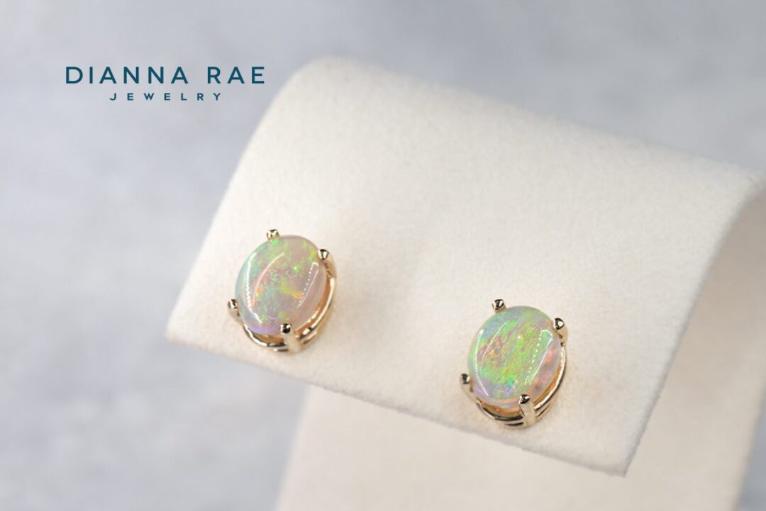 Yellow Gold Oval Australian Light Opal Stud Earrings - Image 2