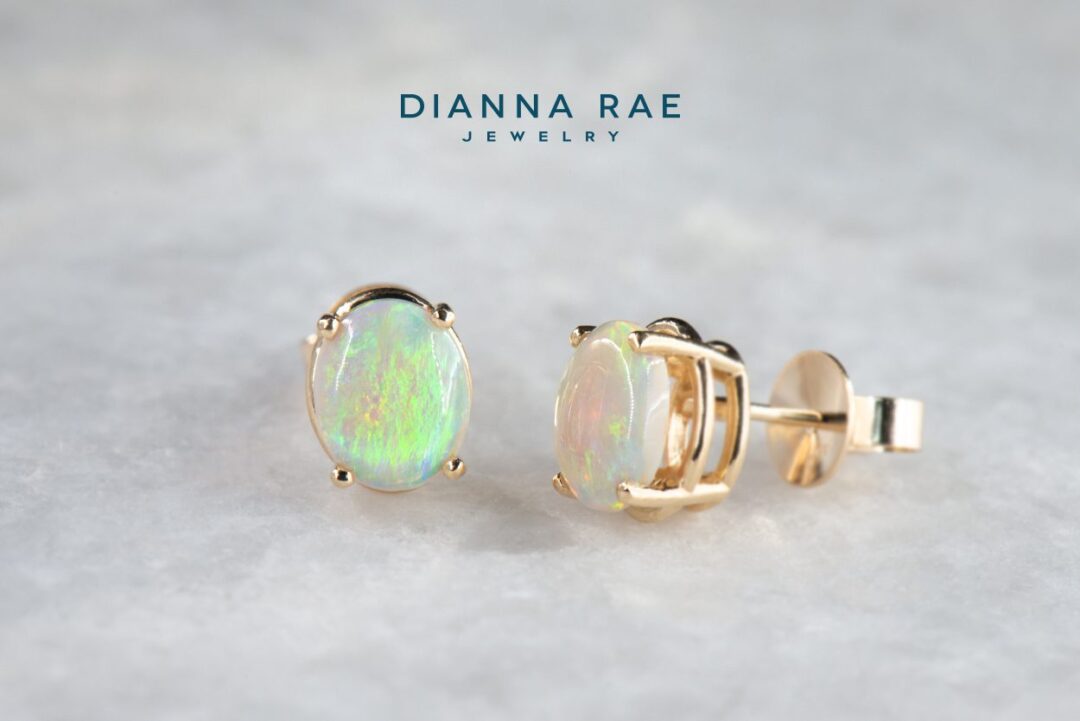 Yellow Gold Oval Australian Light Opal Stud Earrings