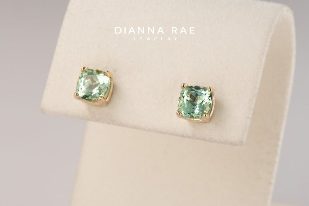 Yellow Gold Cushion Mint Tourmaline Stud Earrings (6.0mm)