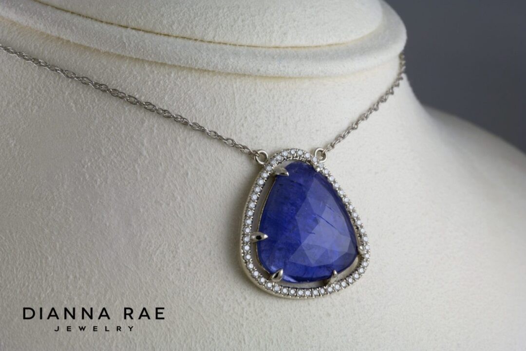 White Gold Pear Tanzanite with Diamond Halo Pendant