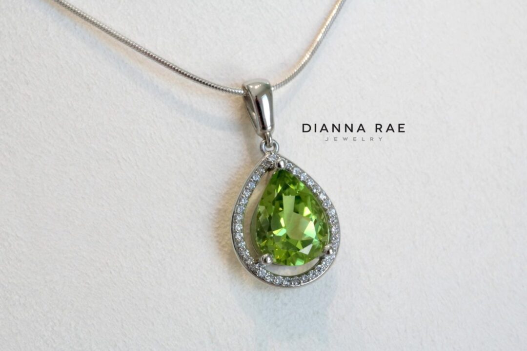 White Gold Pear Peridot Pendant with Diamond Halo