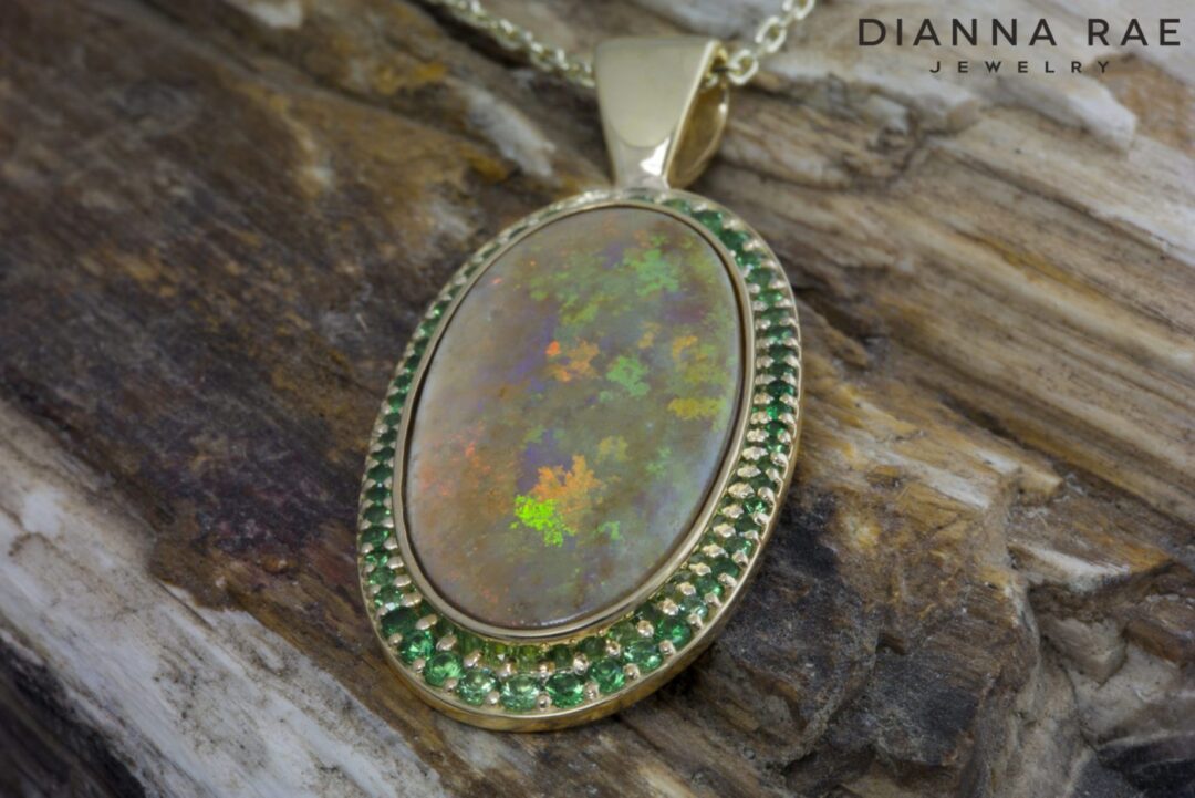 Yellow Gold Honey Opal and Tsavorite Garnet Pendant