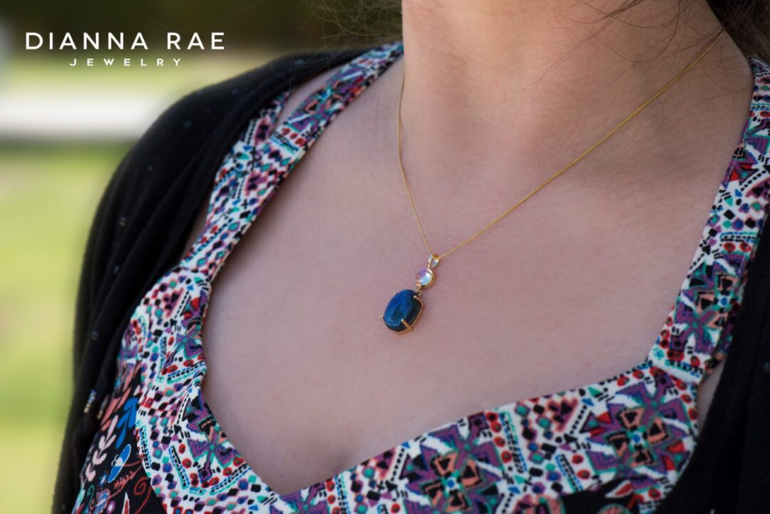 Yellow Gold Black Opal and Moonstone Drop Pendant