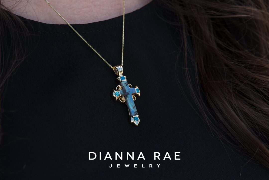 Vivid Cross - Yellow Gold Boulder Opal and Apatite Scroll Cross Pendant - Image 2