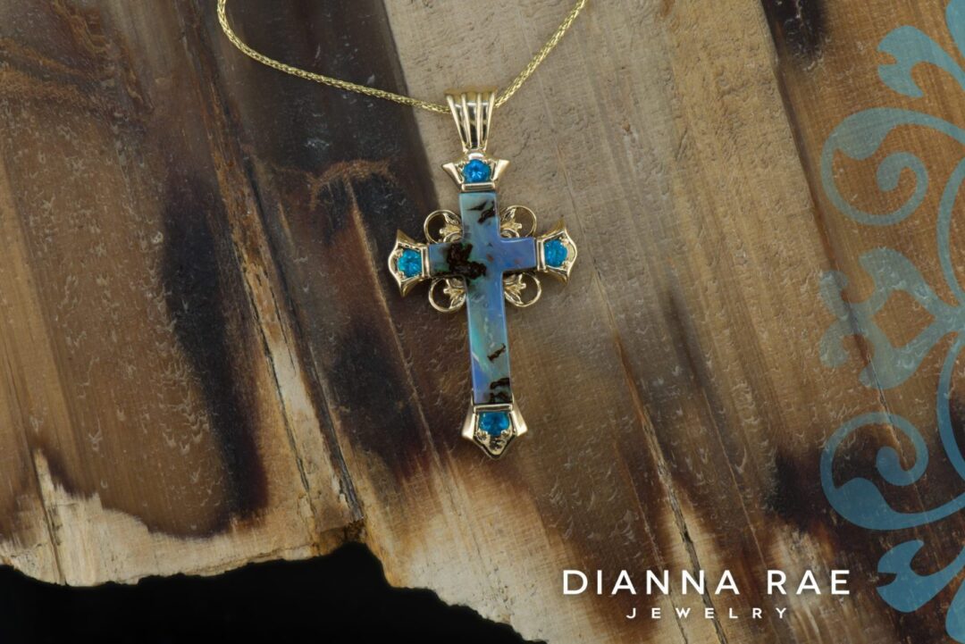 Vivid Cross - Yellow Gold Boulder Opal and Apatite Scroll Cross Pendant