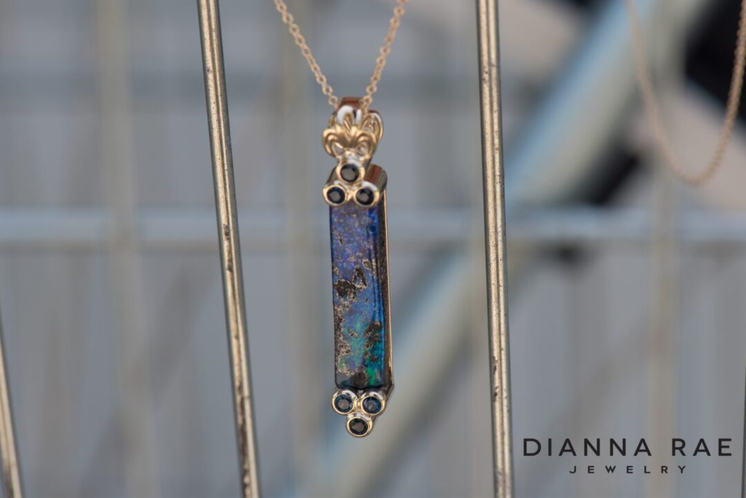 Yellow Gold Boulder Opal and Sapphire Bar Pendant - Image 2