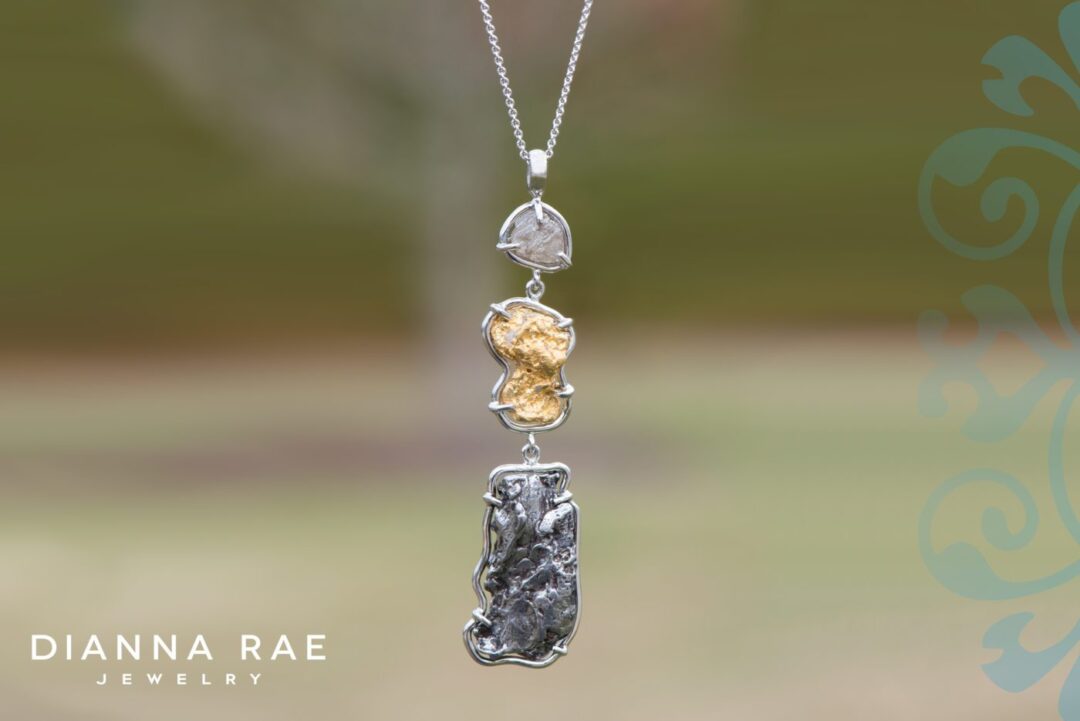 Platinum Meteorite Gold Nugget and Diamond Dangle Elements Pendant