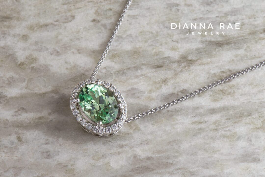 White Gold Mint Garnet Diamond Halo Pendant - Image 2