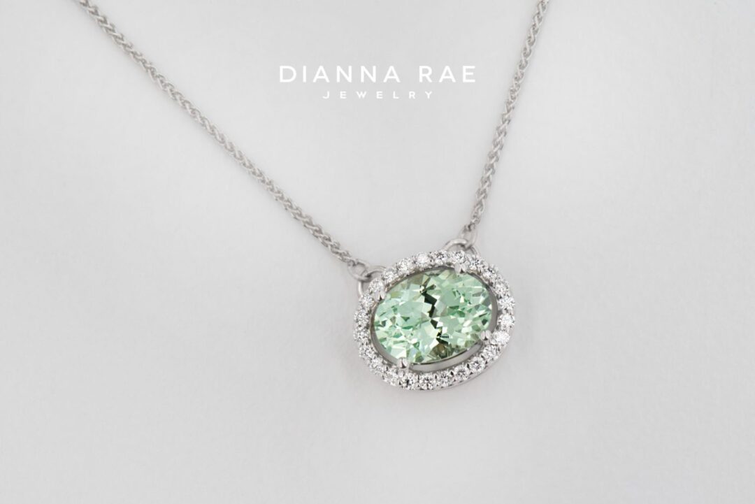 White Gold Mint Garnet Diamond Halo Pendant