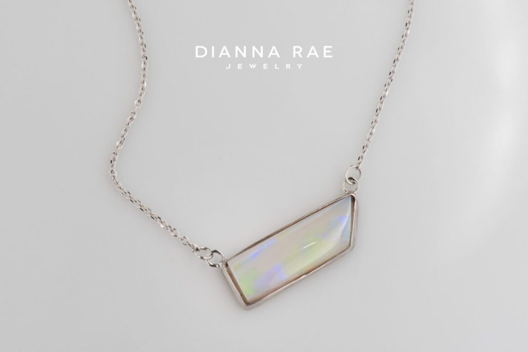 White Gold Trapezoid Opal Bezel Necklace