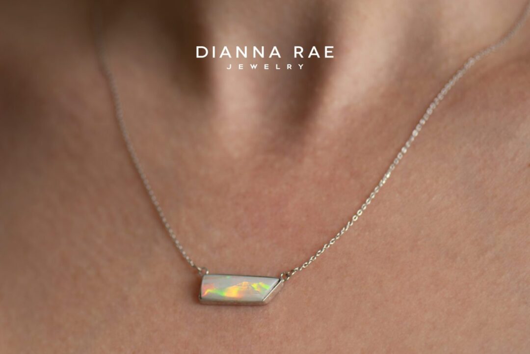 White Gold Trapezoid Opal Bezel Necklace - Image 2