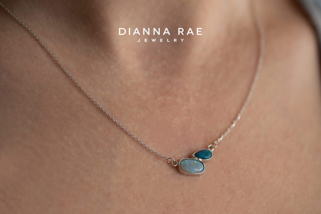 White Gold 2-Stone Opal Bezel Necklace - Image 2