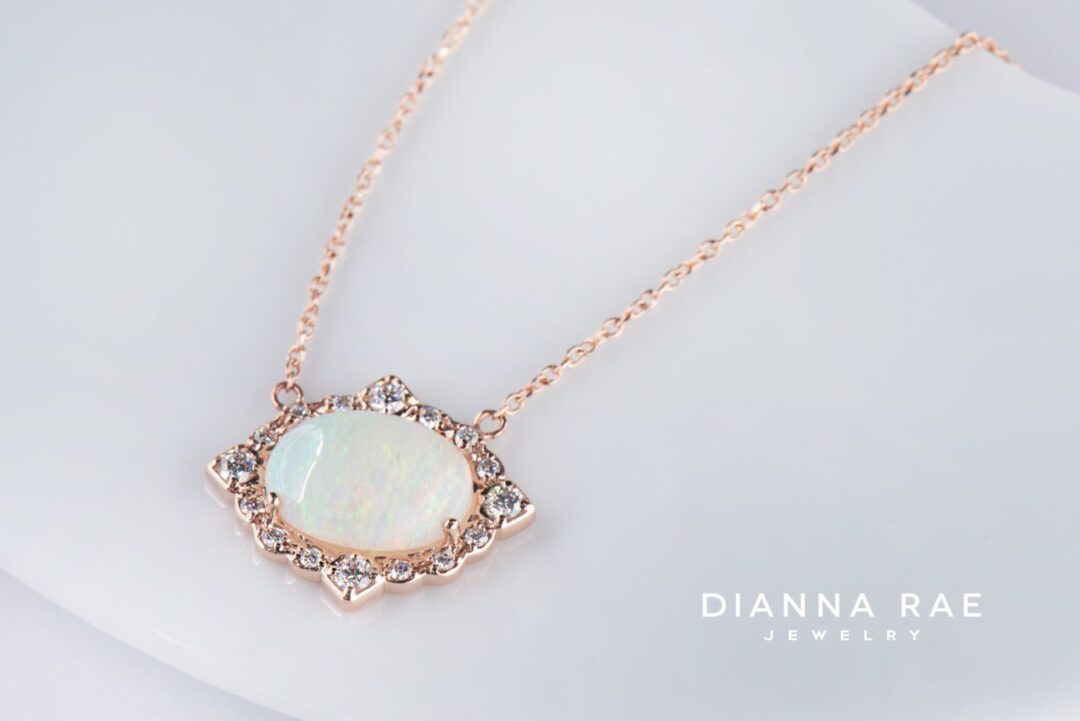 Autumn - Rose Gold Oval Opal East West Necklace with Scalloped Diamond Halo - Image 2