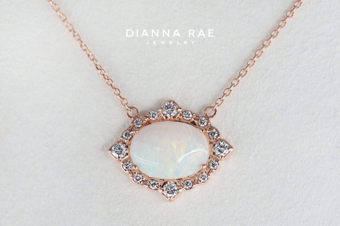 Autumn - Rose Gold Oval Opal East West Necklace with Scalloped Diamond Halo