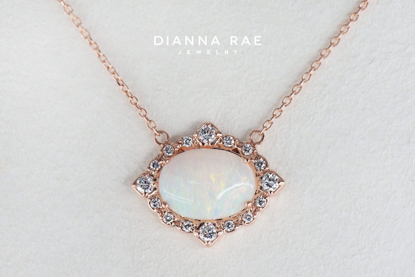 Autumn - Rose Gold Oval Opal East West Necklace with Scalloped Diamond Halo