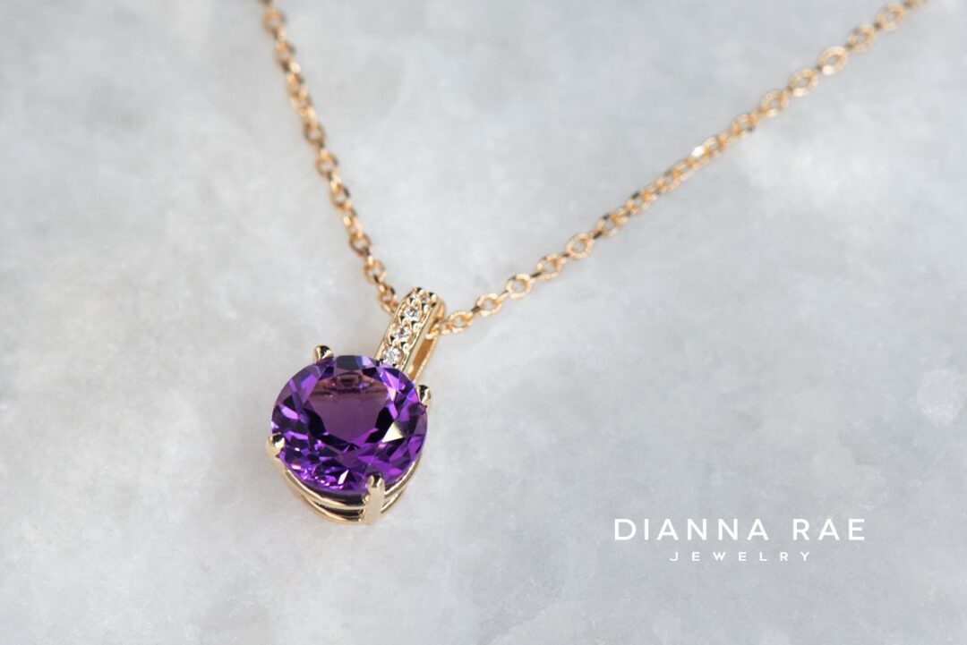 Yellow Gold Round Amethyst Pendant with Diamond Accented Bail - Image 2