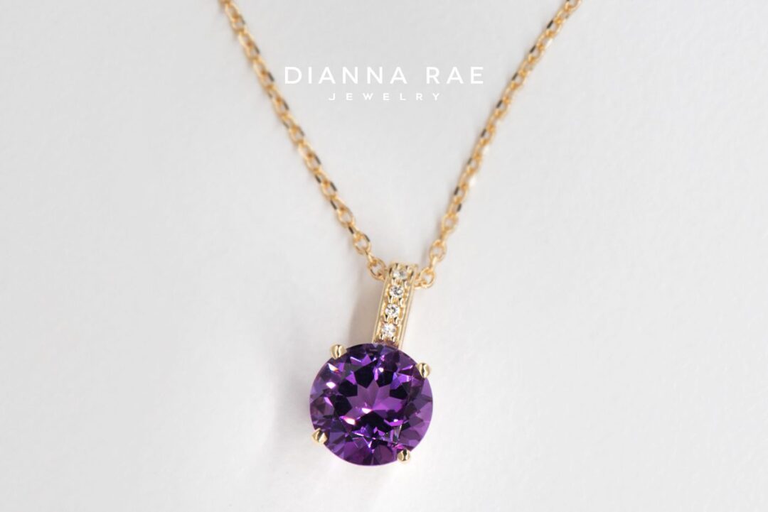 Yellow Gold Round Amethyst Pendant with Diamond Accented Bail
