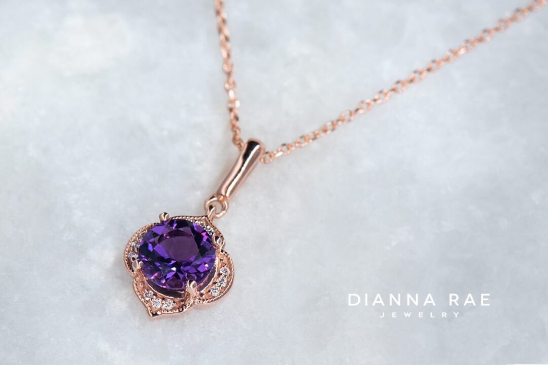 Rose Gold Round Amethyst Floral Halo Pendant with Diamond Accents - Image 2