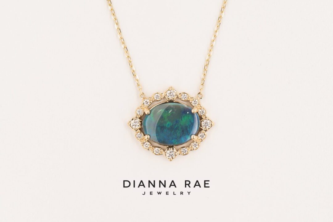 Autumn - Yellow Gold Oval Black Opal Necklace with Scalloped Diamond Halo