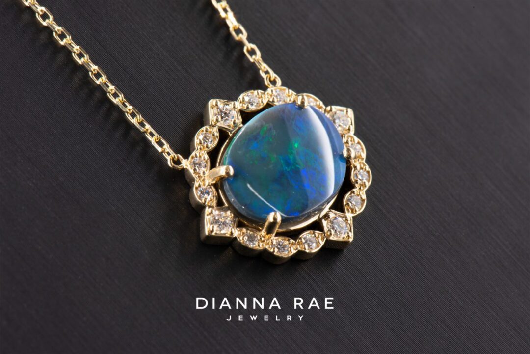 Autumn - Yellow Gold Oval Black Opal Necklace with Scalloped Diamond Halo - Image 2