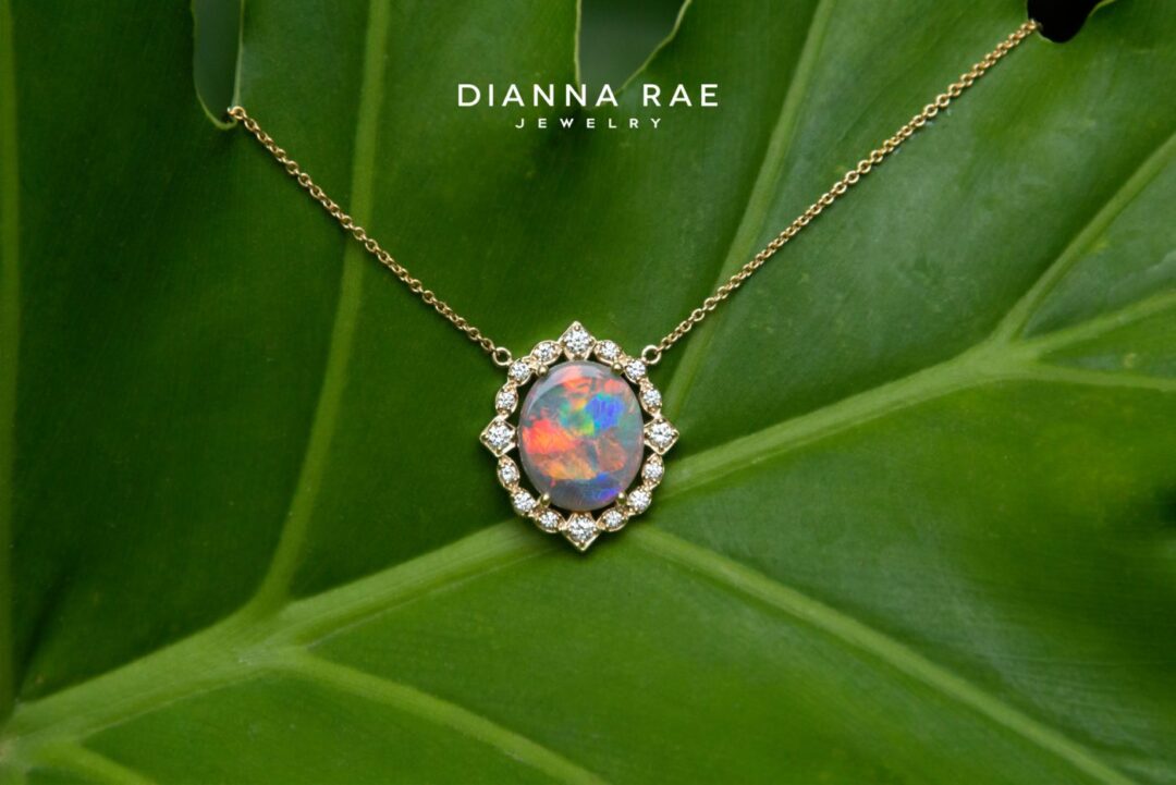 Autumn - Yellow Gold Oval Opal Necklace with Scalloped Diamond Halo