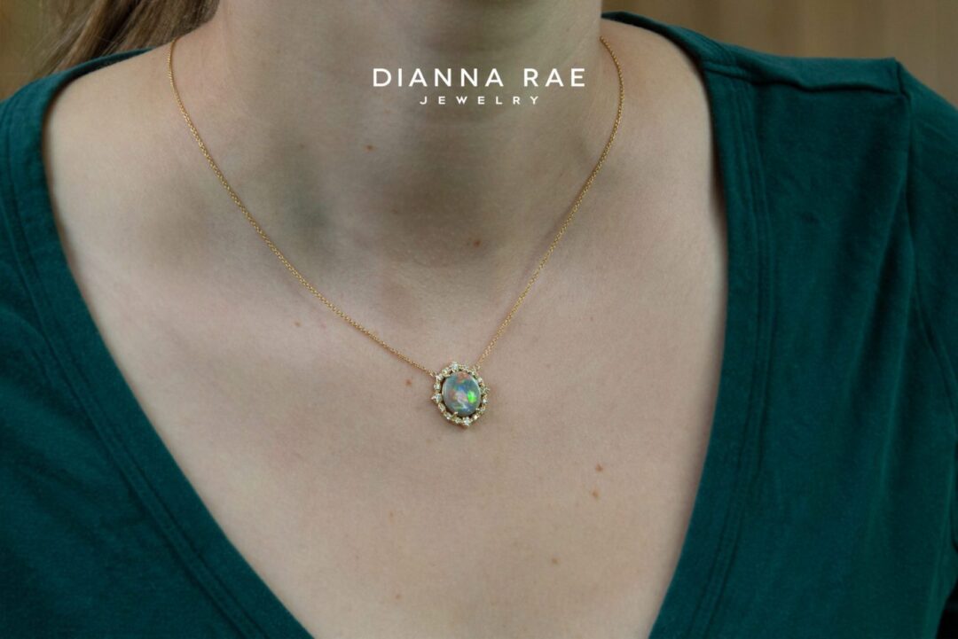 Autumn - Yellow Gold Oval Opal Necklace with Scalloped Diamond Halo - Image 2