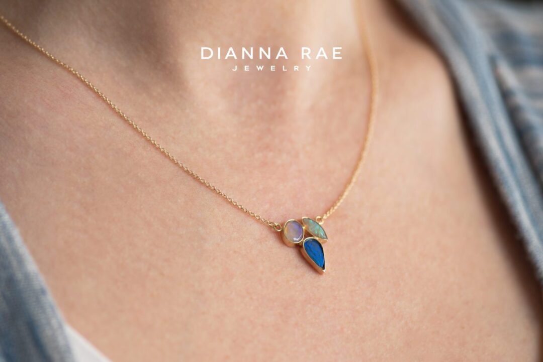 Yellow Gold Bezel-Set Three Stone Opal Necklace
