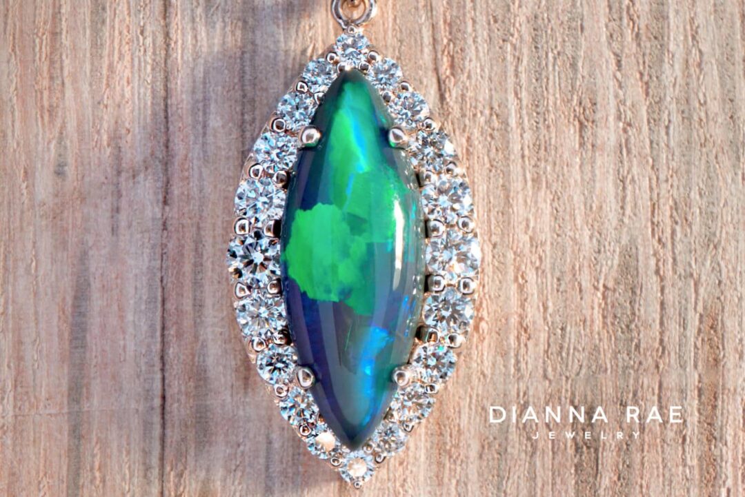 Seafair - Yellow Gold Marquise Black Opal Halo Pendant with Round Diamond Accents