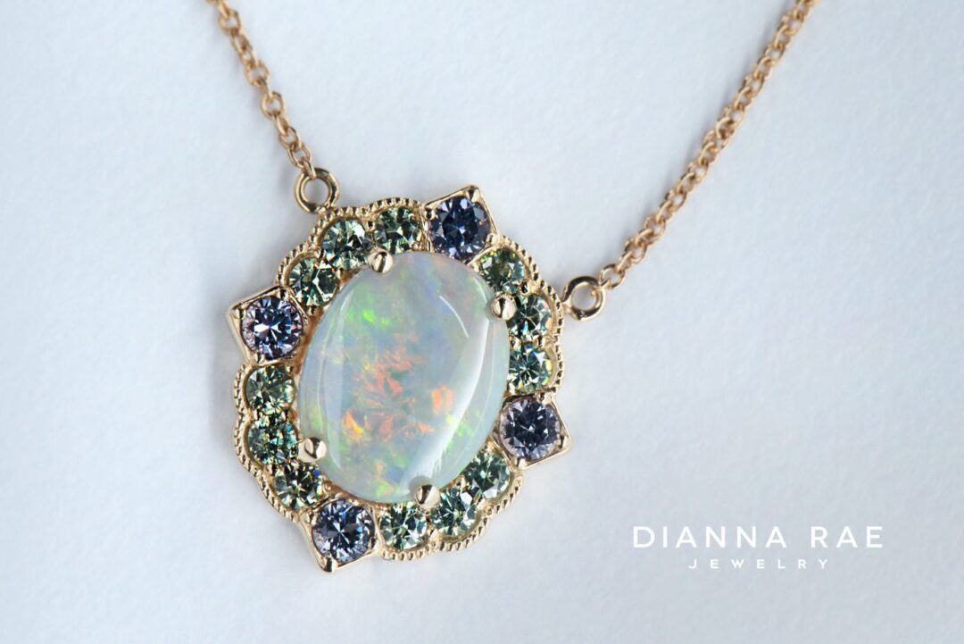 Bloom - Yellow Gold Oval Opal Scalloped Halo Necklace with Demantoid Garnet and Lavender Spinel Accents