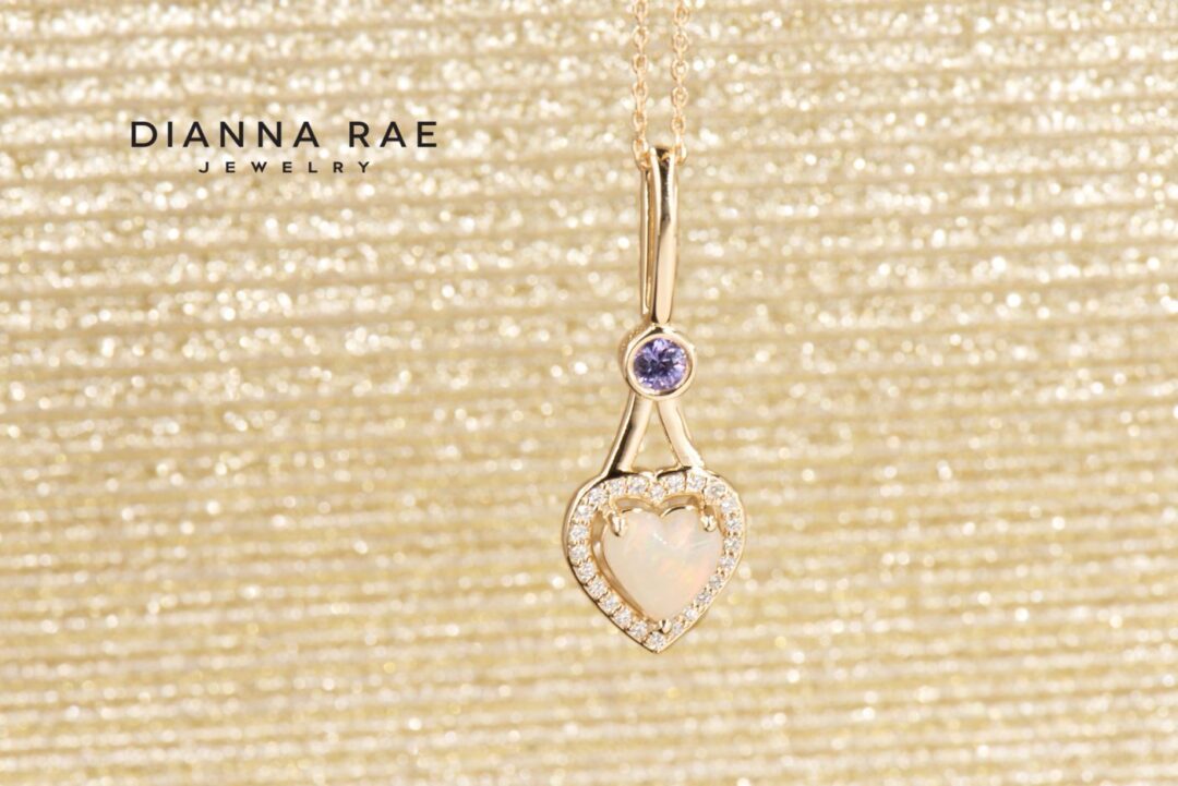 Yellow Gold Heart Opal and Lavender Sapphire Pendant with Diamond Halo