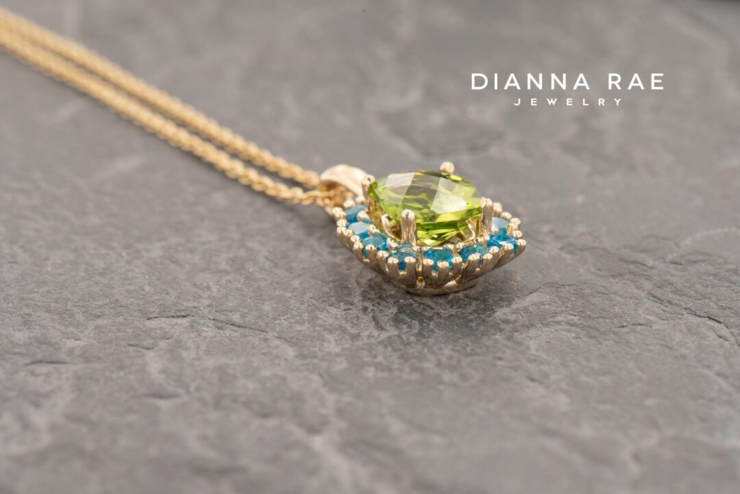 Yellow Gold Cushion Peridot Cluster Halo Pendant with Apatite Accents - Image 3
