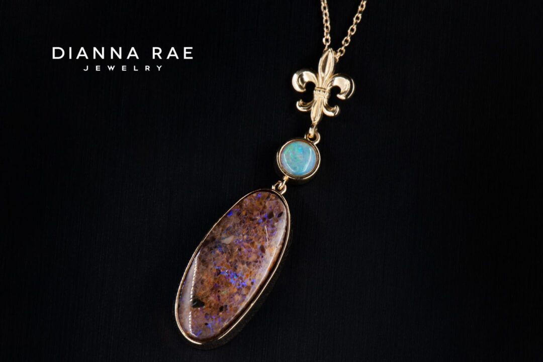Yellow Gold Bezel Louisiana Opal Fleur de Lis Pendant