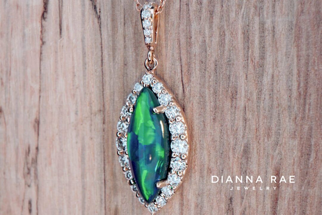 Seafair - Yellow Gold Marquise Black Opal Halo Pendant with Round Diamond Accents - Image 2
